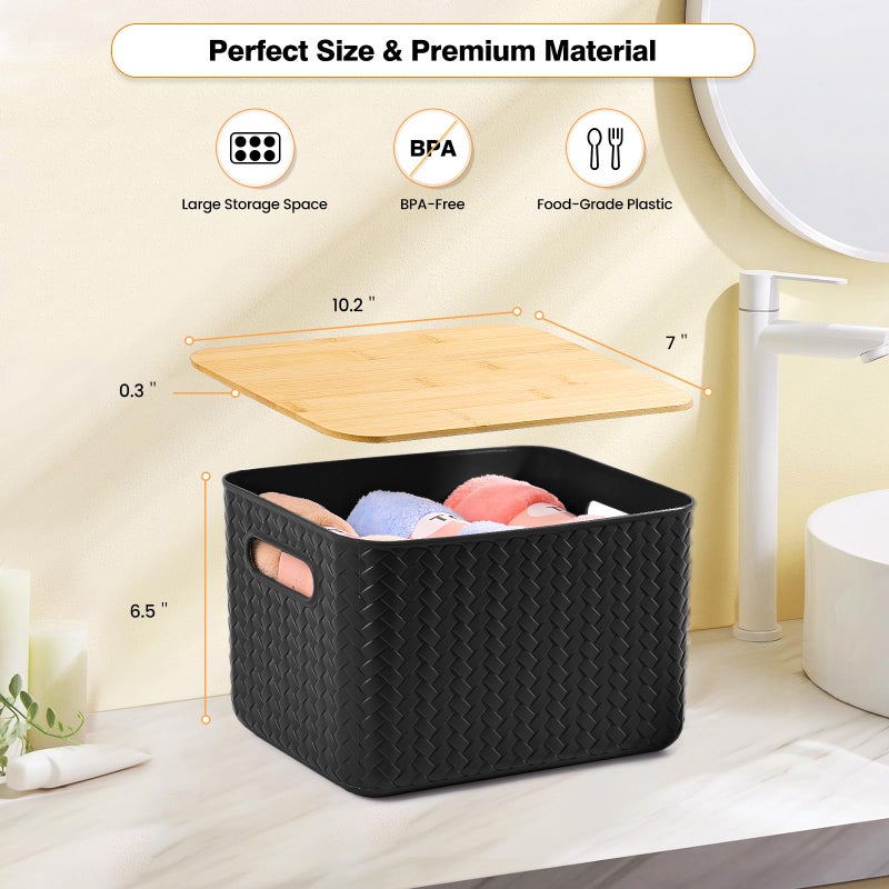Ohmlove 4 Packs Storage Bins with Bamboo Lids - Plastic Storage Containers with Lids Stackable Storage Box: Storage Baskets for Organizing Desktop Closet Playroom Classroom Office  Black - Image 2